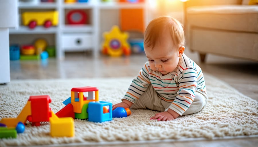 Baby sitting up and playing with developmentally stimulating toys