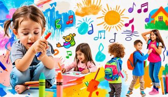 A collage showing a diverse group of children engaging in interactive therapy activities, including drawing, puppet play, and music, symbolizing the diverse approaches to nurturing mental well-being.