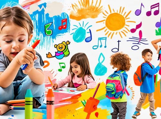 A collage showing a diverse group of children engaging in interactive therapy activities, including drawing, puppet play, and music, symbolizing the diverse approaches to nurturing mental well-being.