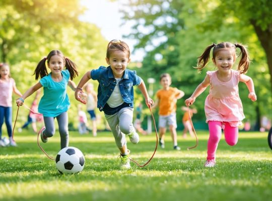 A diverse group of happy children engaging in various outdoor activities, such as soccer and jumping rope, in a park, illustrating the mental health benefits of exercise.