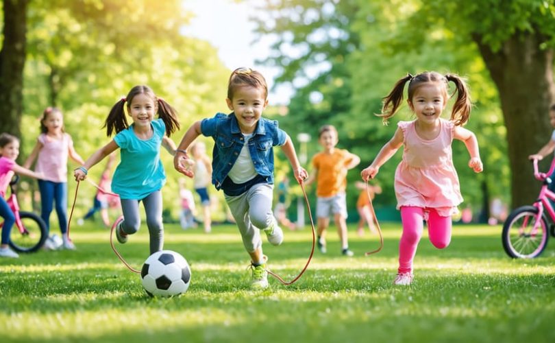 A diverse group of happy children engaging in various outdoor activities, such as soccer and jumping rope, in a park, illustrating the mental health benefits of exercise.