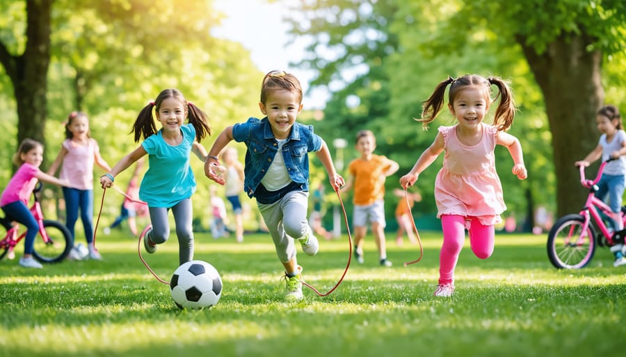 A diverse group of happy children engaging in various outdoor activities, such as soccer and jumping rope, in a park, illustrating the mental health benefits of exercise.