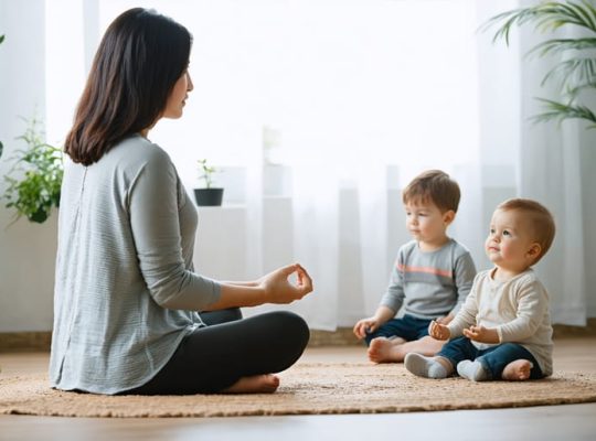 A parent practicing mindfulness meditation in a calming home environment while children play happily, embodying the balance of stress management through mindfulness.