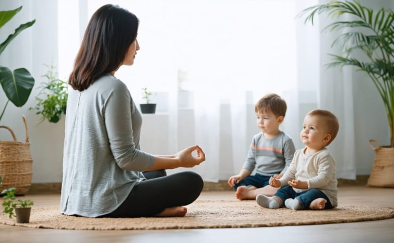 A parent practicing mindfulness meditation in a calming home environment while children play happily, embodying the balance of stress management through mindfulness.