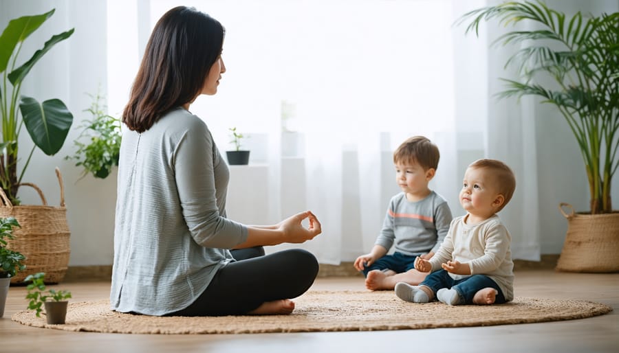 A parent practicing mindfulness meditation in a calming home environment while children play happily, embodying the balance of stress management through mindfulness.