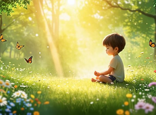 A child sitting cross-legged in a serene meadow, practicing mindfulness with eyes closed and a peaceful expression, surrounded by soft sunlight and nature elements such as butterflies and flowers.