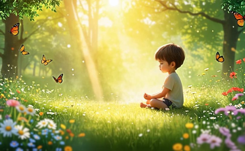 A child sitting cross-legged in a serene meadow, practicing mindfulness with eyes closed and a peaceful expression, surrounded by soft sunlight and nature elements such as butterflies and flowers.