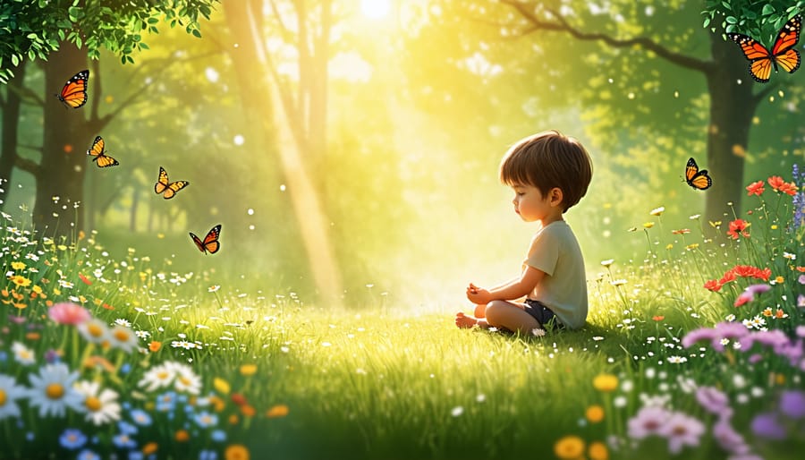 A child sitting cross-legged in a serene meadow, practicing mindfulness with eyes closed and a peaceful expression, surrounded by soft sunlight and nature elements such as butterflies and flowers.