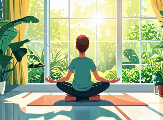 Student sitting cross-legged with closed eyes, practicing mindful breathing in a sunlit, peaceful room with a view of a garden.