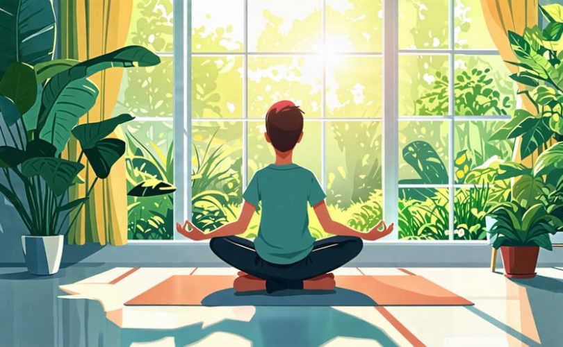 Student sitting cross-legged with closed eyes, practicing mindful breathing in a sunlit, peaceful room with a view of a garden.