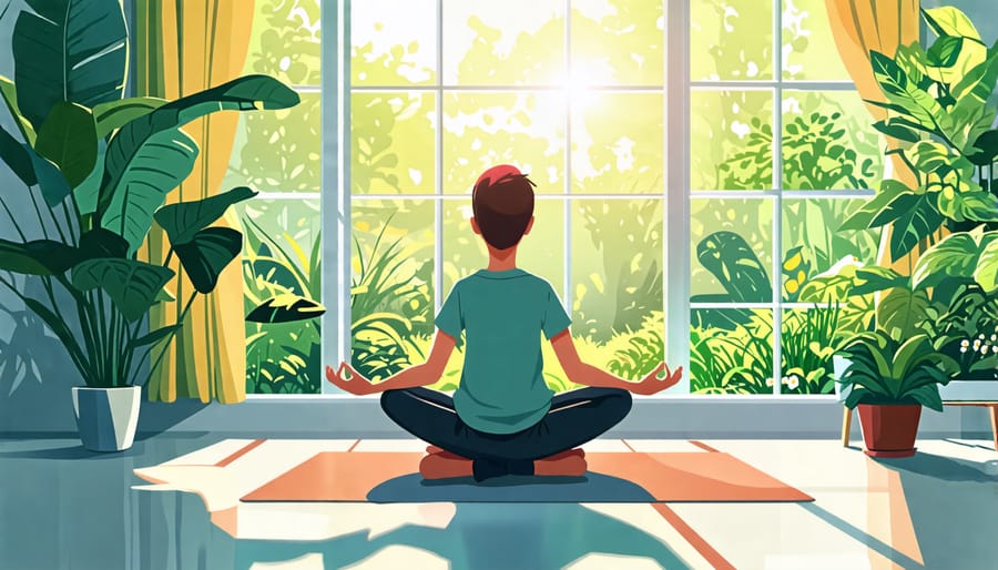 Student sitting cross-legged with closed eyes, practicing mindful breathing in a sunlit, peaceful room with a view of a garden.