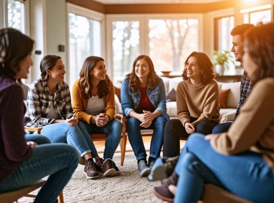 A diverse group of parents and mental health professionals participating in a support group, sharing experiences and offering guidance in a circle of trust and understanding.