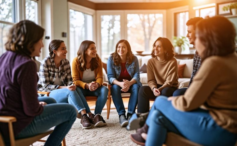 A diverse group of parents and mental health professionals participating in a support group, sharing experiences and offering guidance in a circle of trust and understanding.