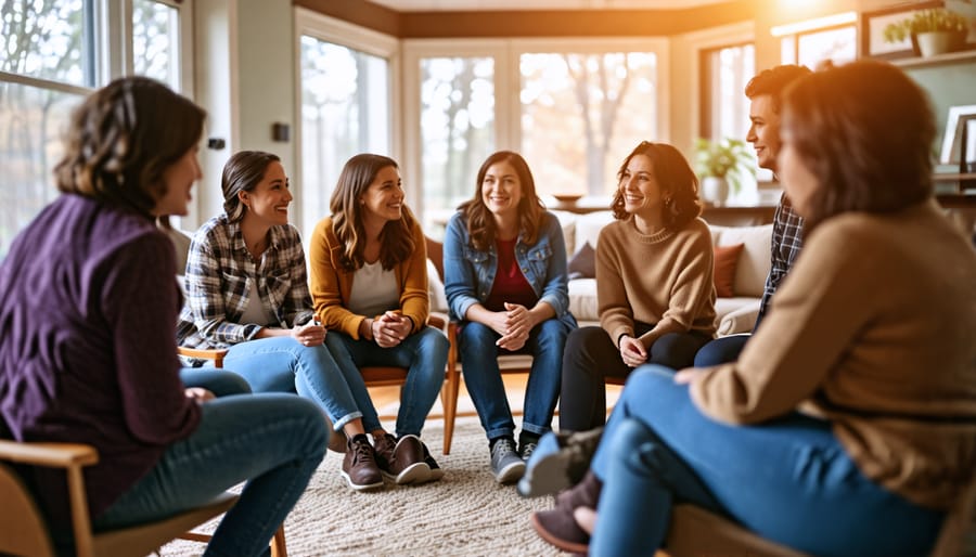 A diverse group of parents and mental health professionals participating in a support group, sharing experiences and offering guidance in a circle of trust and understanding.