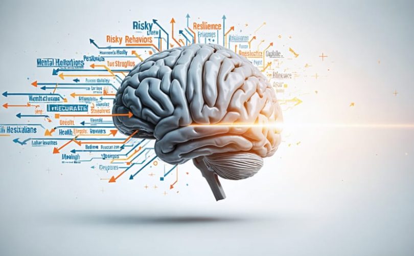 Illustration of a teenage brain surrounded by arrows labeled with peer pressure influences, highlighting resilience amidst challenges.