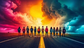 A diverse group of teenagers standing at a symbolic crossroads, contemplating decisions that represent positive and negative peer influences.