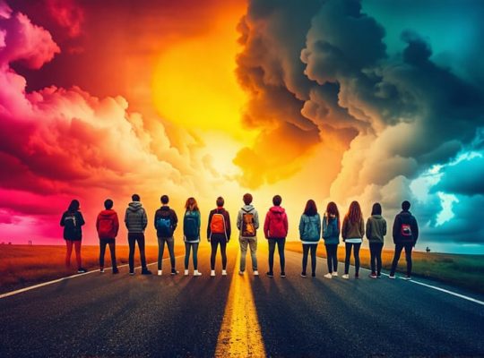 A diverse group of teenagers standing at a symbolic crossroads, contemplating decisions that represent positive and negative peer influences.