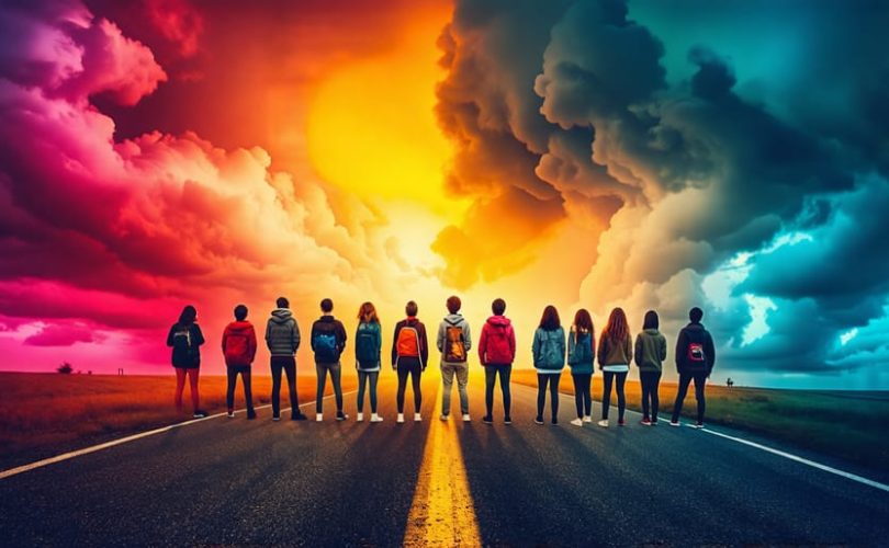 A diverse group of teenagers standing at a symbolic crossroads, contemplating decisions that represent positive and negative peer influences.