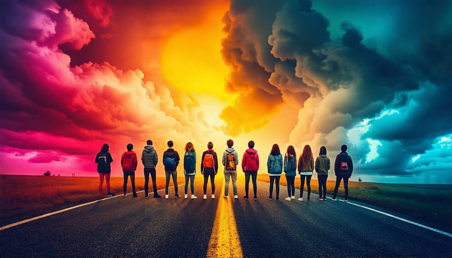 A diverse group of teenagers standing at a symbolic crossroads, contemplating decisions that represent positive and negative peer influences.