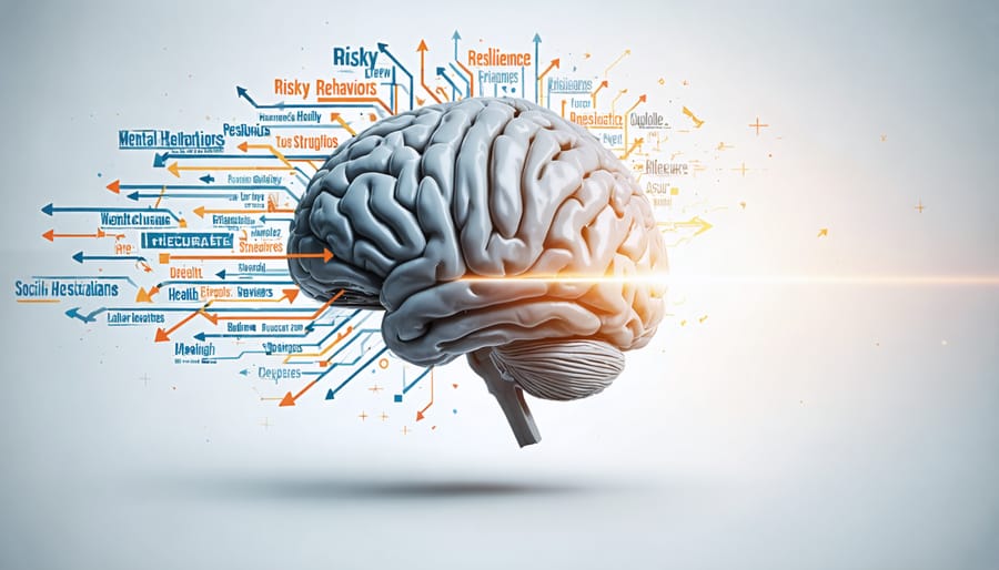 Illustration of a teenage brain surrounded by arrows labeled with peer pressure influences, highlighting resilience amidst challenges.