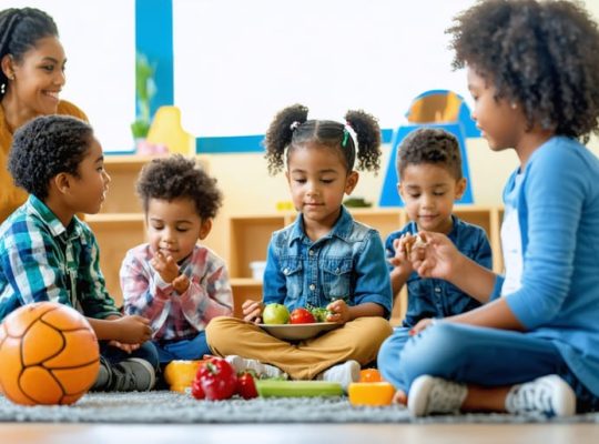 Diverse children participating in activities promoting mental well-being, including counseling, meditation, exercise, and healthy eating, supported by a caring community.