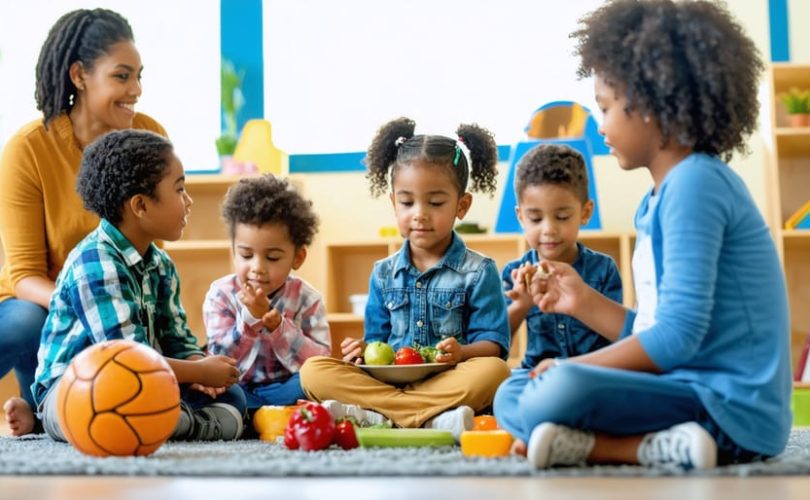 Diverse children participating in activities promoting mental well-being, including counseling, meditation, exercise, and healthy eating, supported by a caring community.