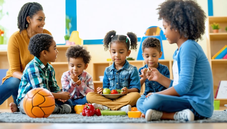 Diverse children participating in activities promoting mental well-being, including counseling, meditation, exercise, and healthy eating, supported by a caring community.