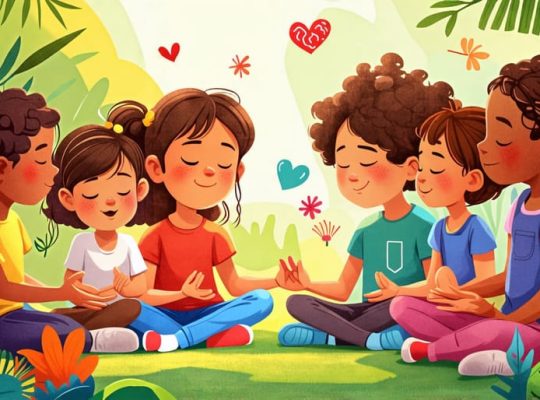 An illustration depicting children of diverse backgrounds practicing mindfulness and having open conversations, surrounded by colorful symbols of connection and emotional support.