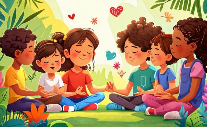 An illustration depicting children of diverse backgrounds practicing mindfulness and having open conversations, surrounded by colorful symbols of connection and emotional support.