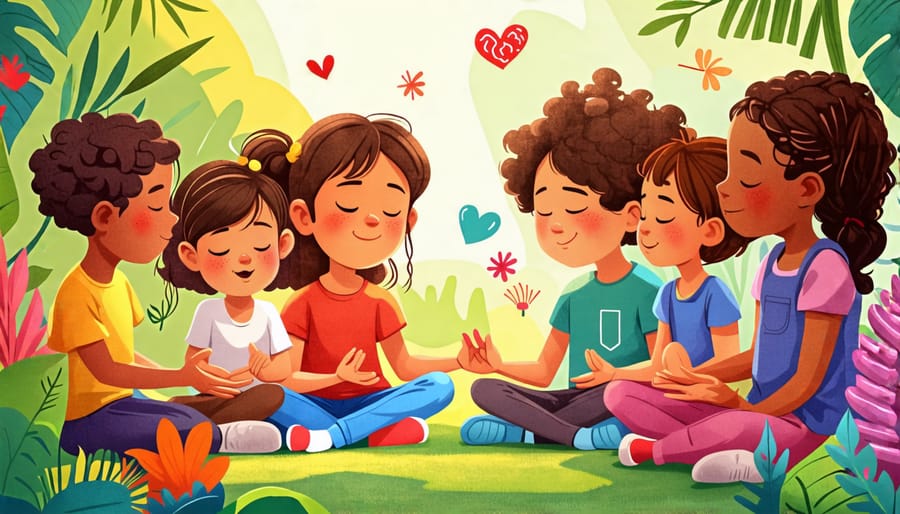 An illustration depicting children of diverse backgrounds practicing mindfulness and having open conversations, surrounded by colorful symbols of connection and emotional support.