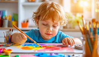 A young child engaged in painting, surrounded by an assortment of art supplies during an art therapy session.