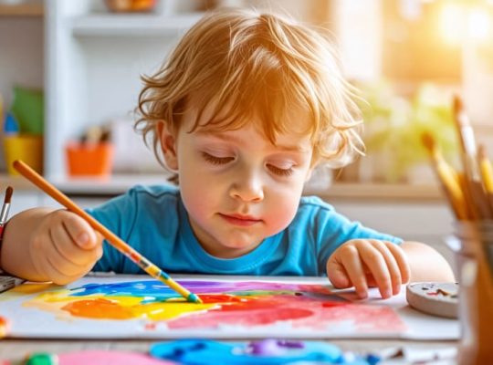 A young child engaged in painting, surrounded by an assortment of art supplies during an art therapy session.