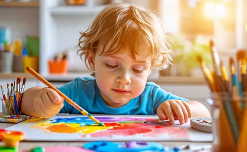 A young child engaged in painting, surrounded by an assortment of art supplies during an art therapy session.