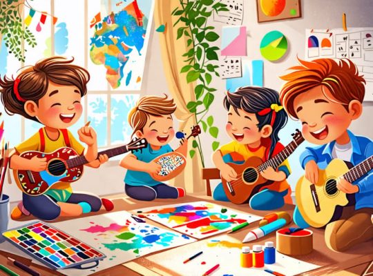 Children engaged in different creative activities such as painting, storytelling, and music, highlighting the importance of creativity in supporting mental health.