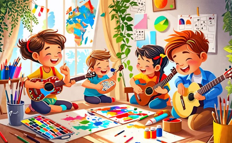 Children engaged in different creative activities such as painting, storytelling, and music, highlighting the importance of creativity in supporting mental health.