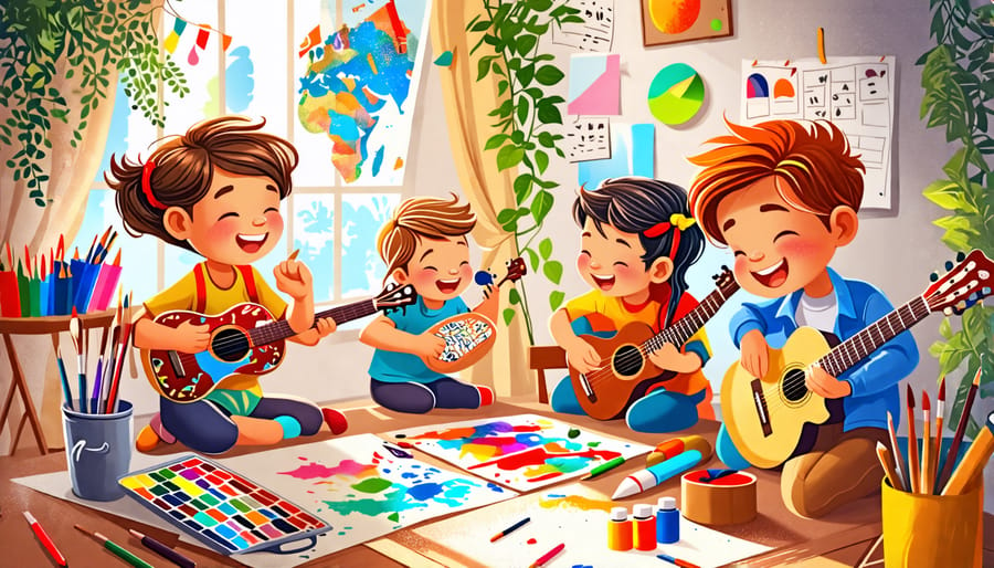 Children engaged in different creative activities such as painting, storytelling, and music, highlighting the importance of creativity in supporting mental health.