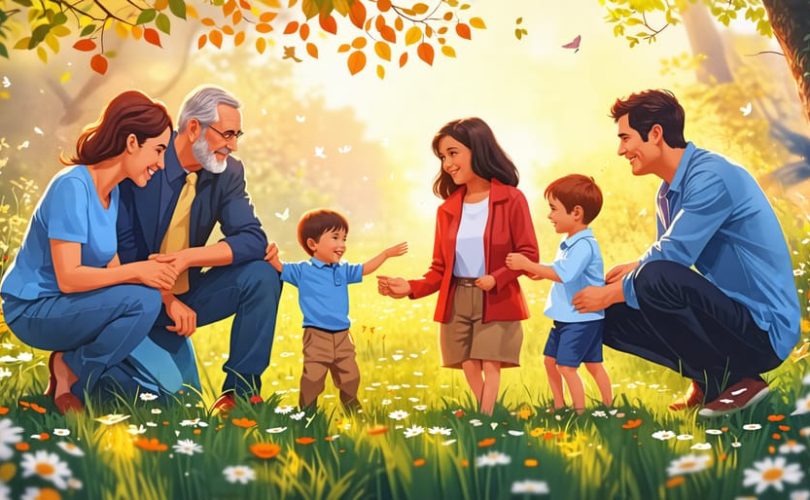 An illustration showing various family types engaging in supportive interactions, emphasizing open communication and emotional connection to highlight the benefits of healthy family dynamics on children’s mental health.