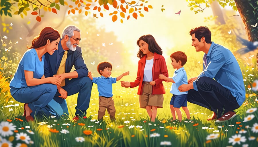 An illustration showing various family types engaging in supportive interactions, emphasizing open communication and emotional connection to highlight the benefits of healthy family dynamics on children’s mental health.