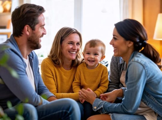 A family sitting together in a cozy living room, engaged in open communication and nurturing healthy family dynamics through joyful conversation and genuine connection.