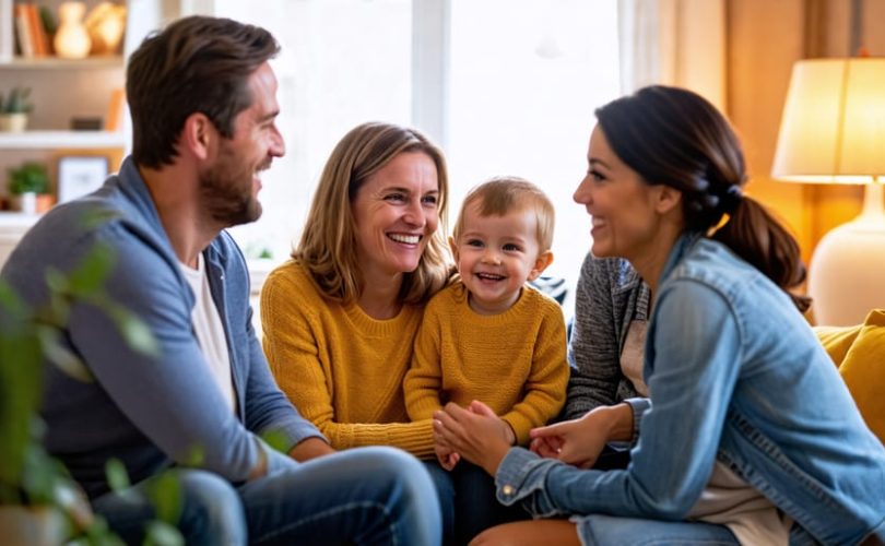 A family sitting together in a cozy living room, engaged in open communication and nurturing healthy family dynamics through joyful conversation and genuine connection.