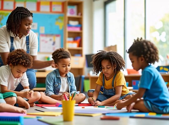 A classroom where diverse students engage in mindfulness, collaborative problem-solving, and creative activities, guided by a supportive teacher to foster resilience.