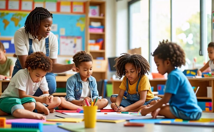 A classroom where diverse students engage in mindfulness, collaborative problem-solving, and creative activities, guided by a supportive teacher to foster resilience.