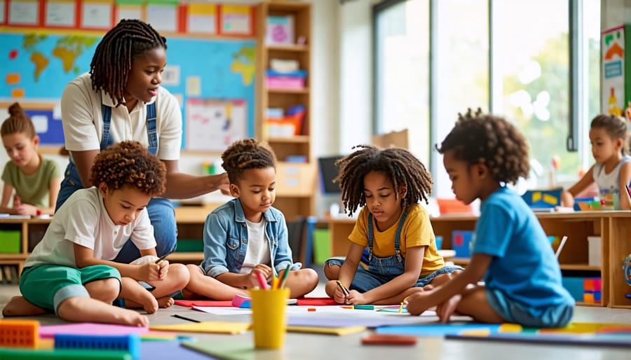 A classroom where diverse students engage in mindfulness, collaborative problem-solving, and creative activities, guided by a supportive teacher to foster resilience.