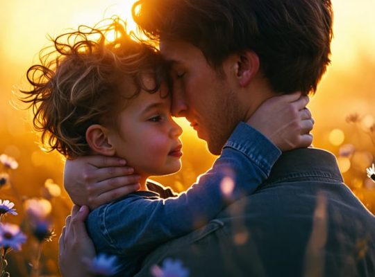 A child being comforted by an encompassing silhouette, symbolizing the supportive network of family and professionals, with elements like light beams and flowers representing healing from C-PTSD.