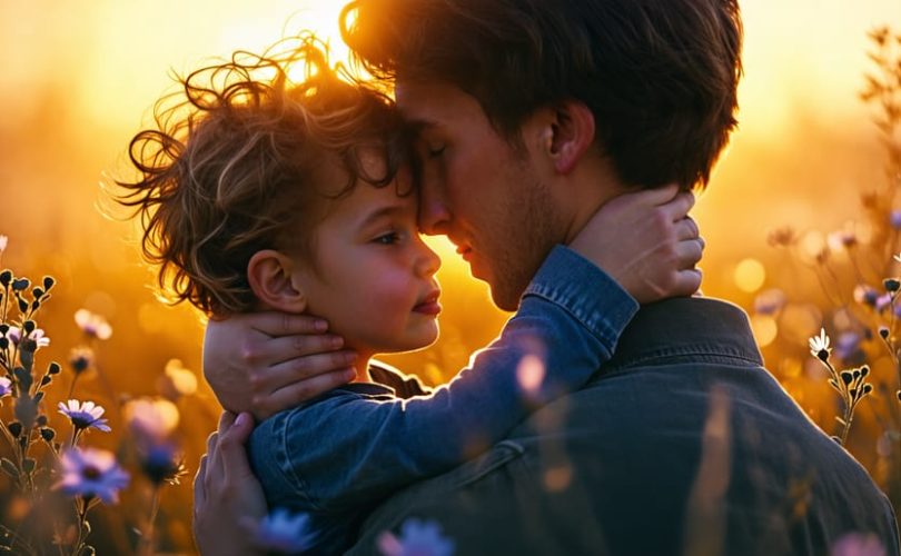 A child being comforted by an encompassing silhouette, symbolizing the supportive network of family and professionals, with elements like light beams and flowers representing healing from C-PTSD.