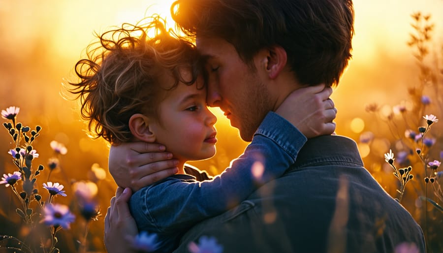 A child being comforted by an encompassing silhouette, symbolizing the supportive network of family and professionals, with elements like light beams and flowers representing healing from C-PTSD.