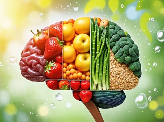 Conceptual image of a child's brain composed of colorful healthy foods, emphasizing the relationship between nutrition and mental well-being.