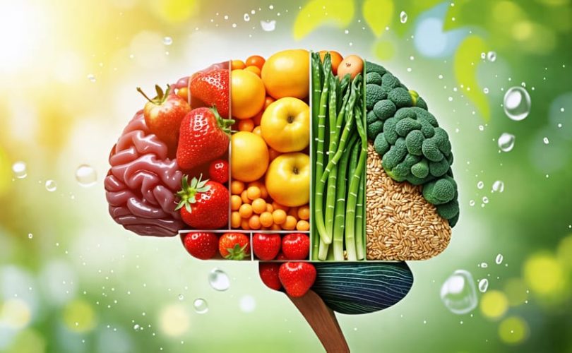 Conceptual image of a child's brain composed of colorful healthy foods, emphasizing the relationship between nutrition and mental well-being.