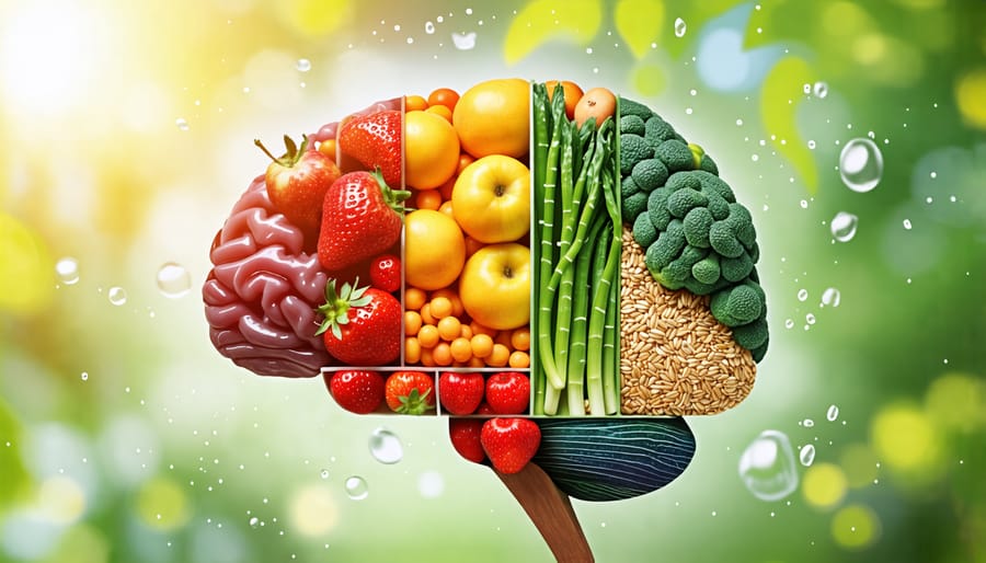 Conceptual image of a child's brain composed of colorful healthy foods, emphasizing the relationship between nutrition and mental well-being.