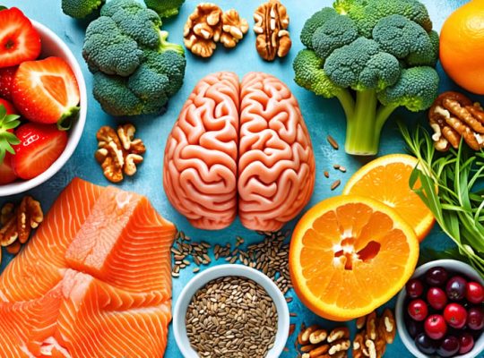 Collage of omega-3-rich foods, fruits, and vegetables linked to a child's brain, illustrating the connection between diet and mental health through neurotransmitters and the brain-gut axis.